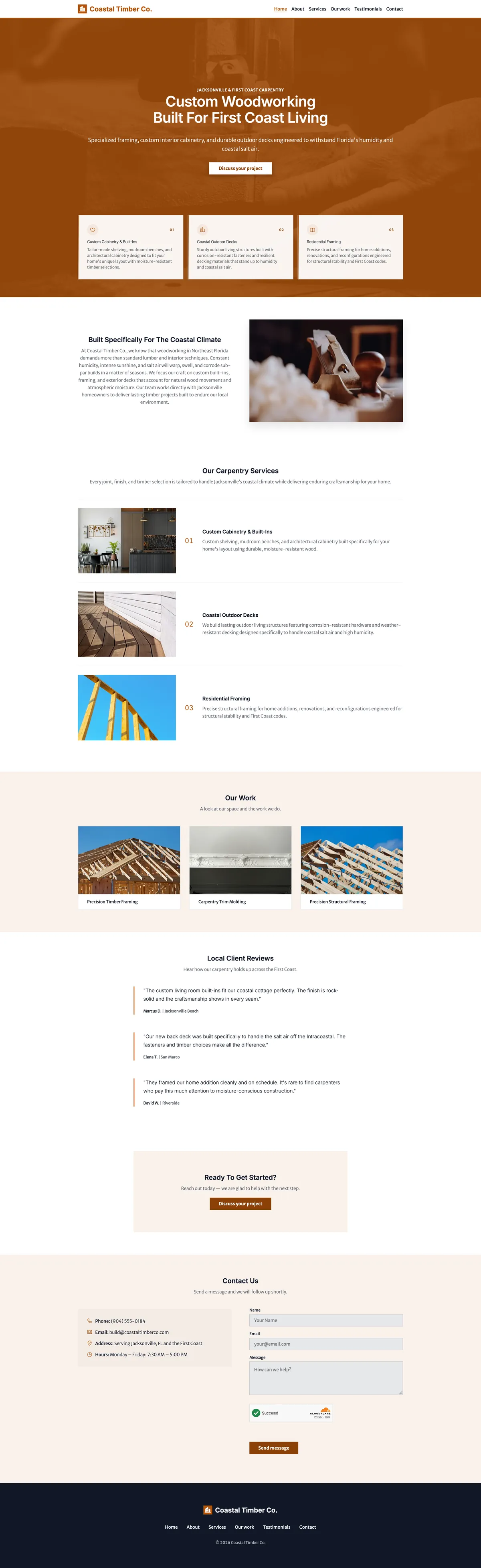 Full page of the Coastal Timber Co. website for a Jacksonville carpenter