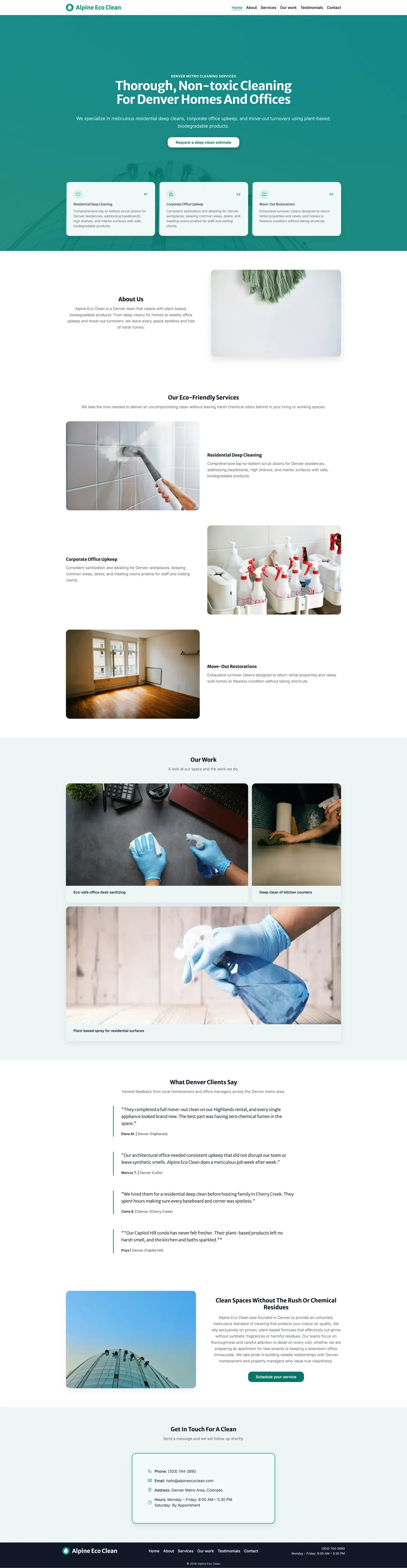 Full page of the Alpine Eco Clean website for a Denver cleaning company