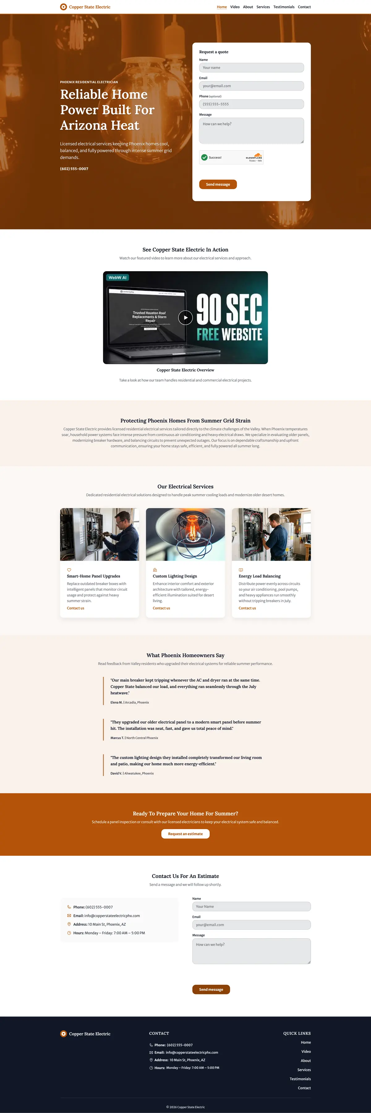 Full page of the Copper State Electric website for a Phoenix electrician