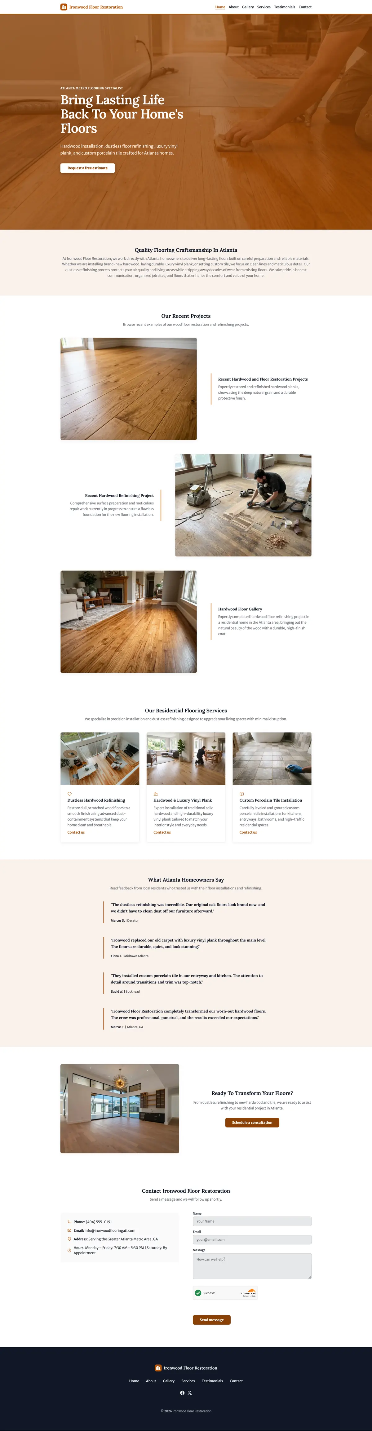 Full page of the Ironwood Floor Restoration website for an Atlanta flooring company