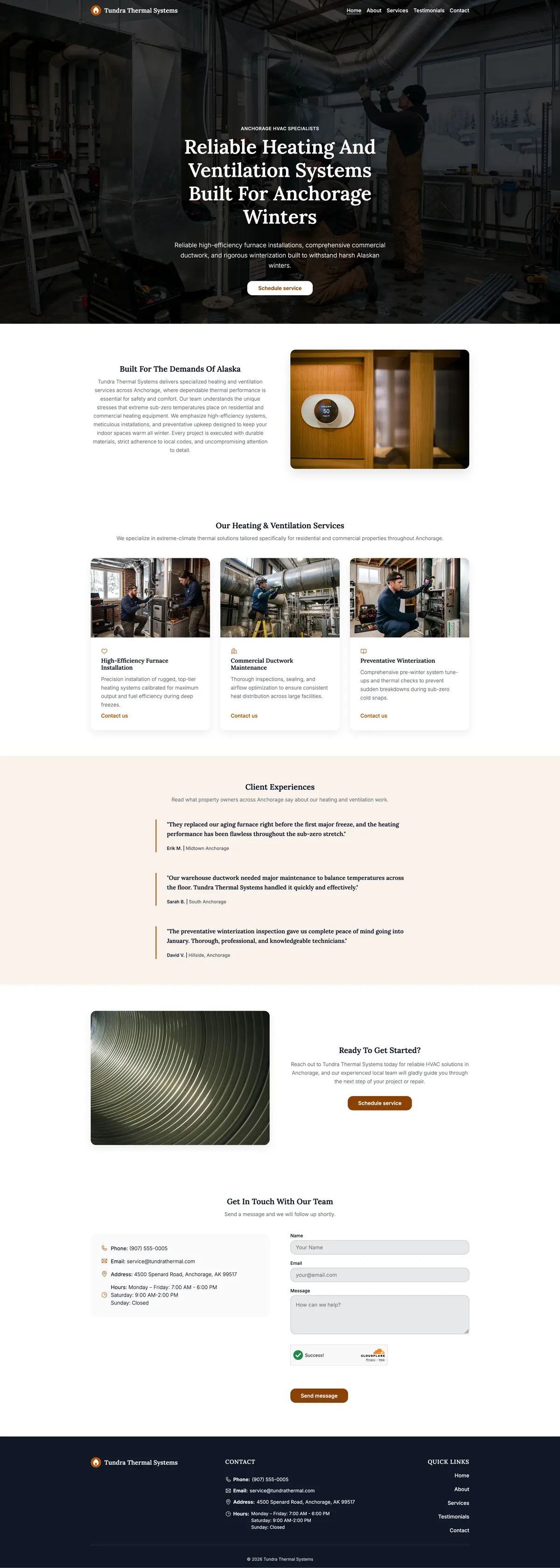 Full page of the Tundra Thermal Systems website for an Anchorage HVAC company