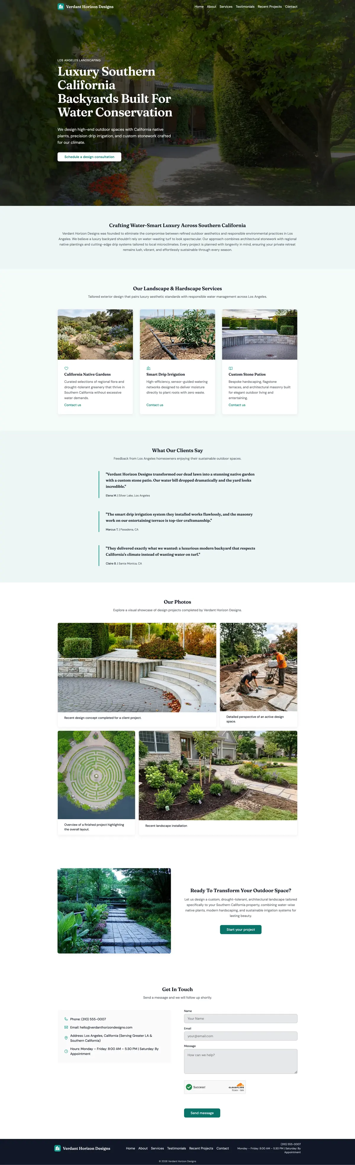 Full page of the Verdant Horizon Designs website for a Los Angeles landscaper
