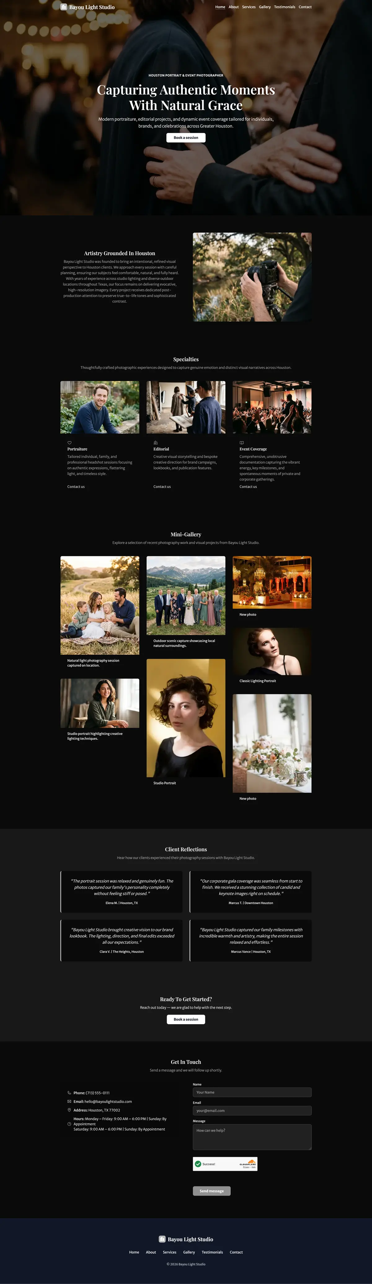 Full page of the Bayou Light Studio website for a Houston photographer