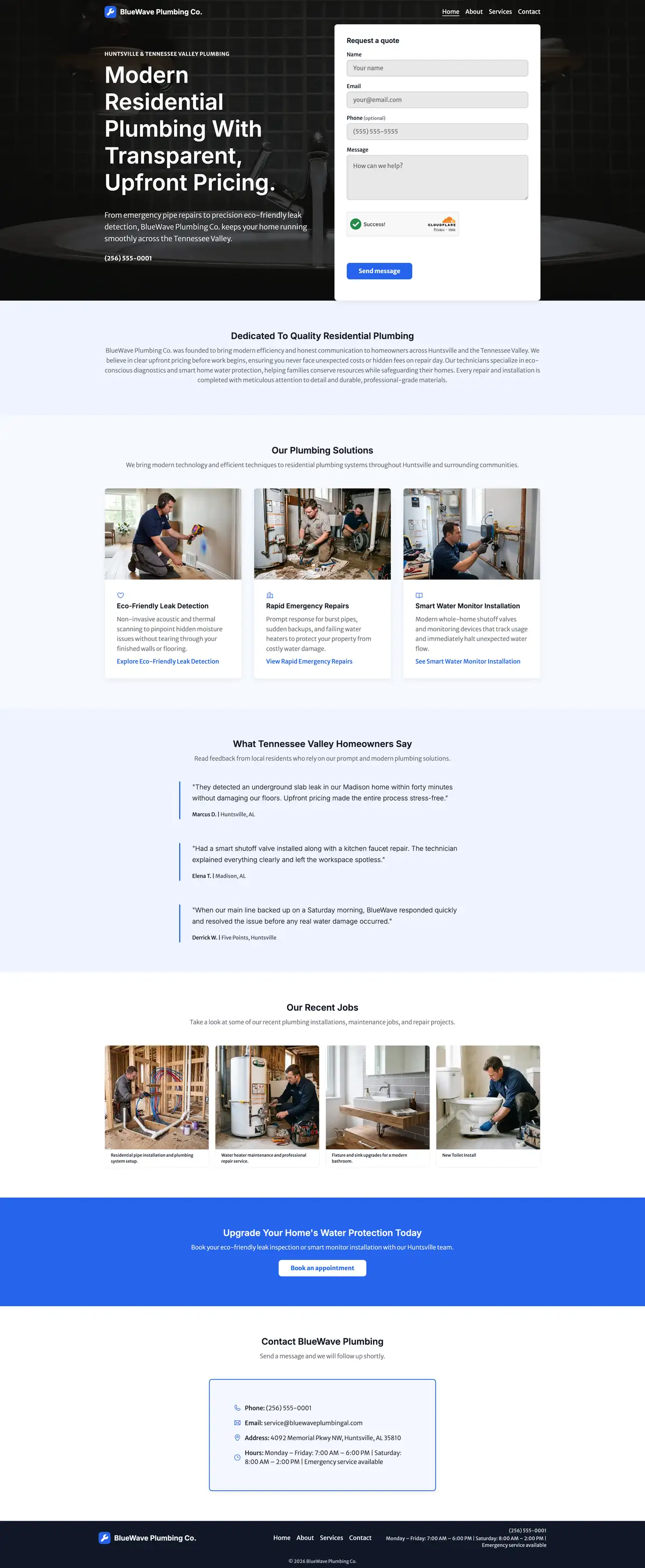 Full page of the BlueWave Plumbing Co. website for a Huntsville plumber
