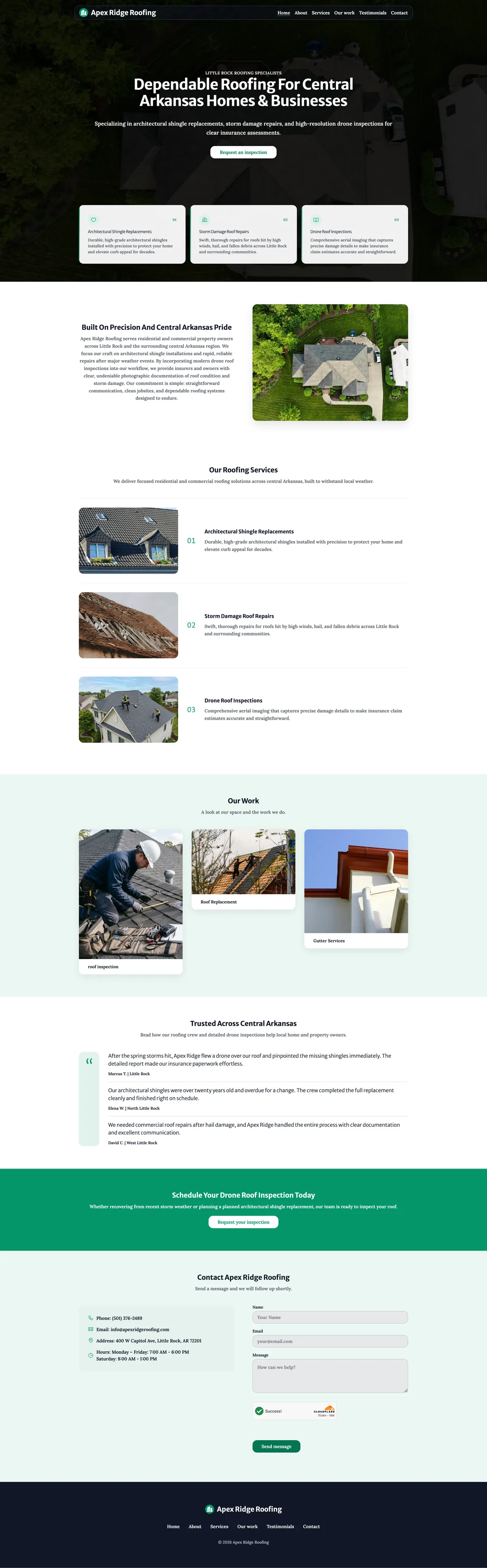 Full page of the Apex Ridge Roofing website for a Little Rock roofer
